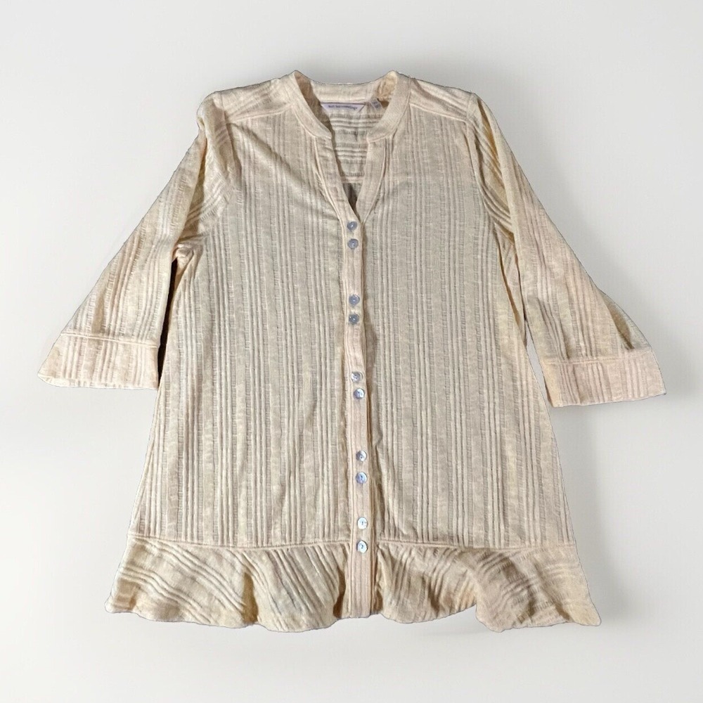 Soft Surroundings Cardigan Top Women PM Yellow Textured‎ Stripe Ruffle Hem